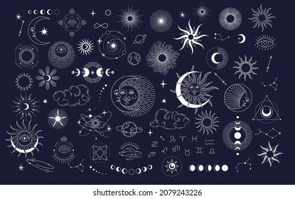 Conjunto de elementos mágicos místicos celestiales de la luna del sol y nubes Diferentes etapas de la luna, signos zodiacos. Plantilla de logotipo del objeto de tatuaje de alquimia. Vector