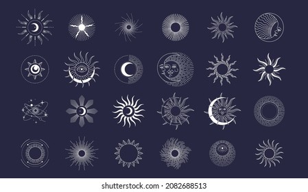 Set of celestial mystic esoteric and magic elements sun and moon with shine and sunburst. Alchemy tattoo object logo template. Vector