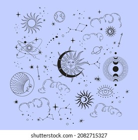 Set of celestial mystic esoteric magic elements sun moon and clouds Different stages of moon, zodiac Signs. Alchemy tattoo object logo template. Vector