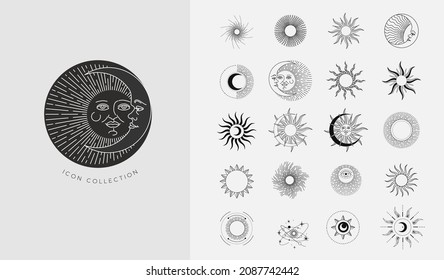 Set of celestial mystic esoteric and magic elements sun and moon with shine and sunburst. Alchemy tattoo object logo template. Vector