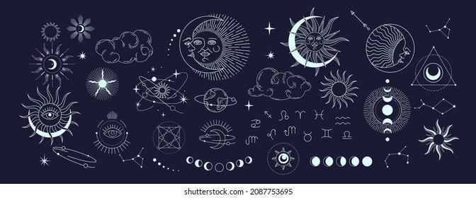 Set of celestial mystic esoteric magic elements sun moon and clouds Different stages of moon, zodiac Signs. Alchemy tattoo object logo template. Vector