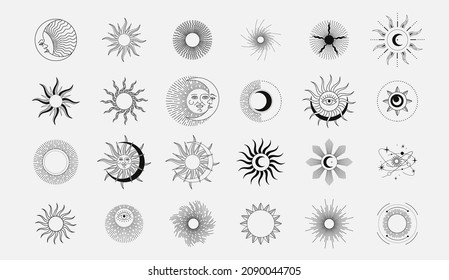 Set of celestial mystic esoteric and magic elements sun and moon with shine and sunburst. Alchemy tattoo object logo template. Vector