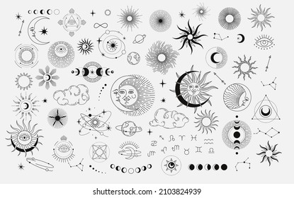 Set of celestial mystic esoteric magic elements sun moon and clouds Different stages of moon, zodiac Signs. Alchemy tattoo object logo template. Vector