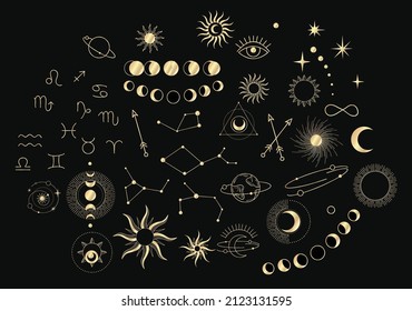 Conjunto de elementos mágicos místicos celestiales de la luna del sol y nubes Diferentes etapas de la luna, signos zodiacos. Plantilla de logotipo del objeto de tatuaje de alquimia. Vector