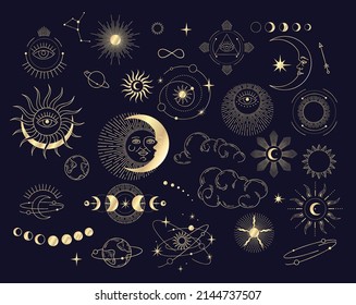 Set of celestial mystic esoteric magic elements sun moon and clouds Different stages of moon, zodiac Signs. Alchemy tattoo object logo template. Vector