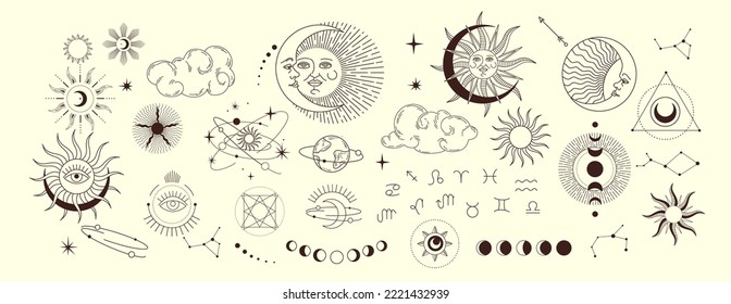 Set of celestial mystic esoteric magic elements sun moon and clouds Different stages of moon, zodiac Signs. Alchemy tattoo object logo template. Vector