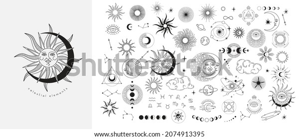Set of celestial mystic esoteric magic\
elements sun moon and clouds Different stages of moon, zodiac\
Signs. Alchemy tattoo object logo template.\
Vector