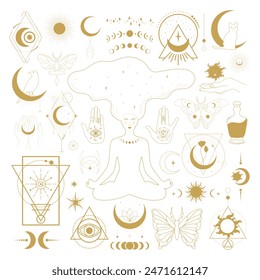 Set of celestial mystical and astrological symbols. Magical animals, sun, crescent, magic eye and space elements. Vector illustration