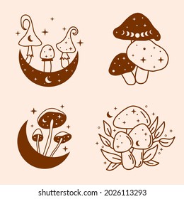 Set of celestial and mystical mushroom illustrations. Hand drawn vector design elements. Mushrooms with moon and stars