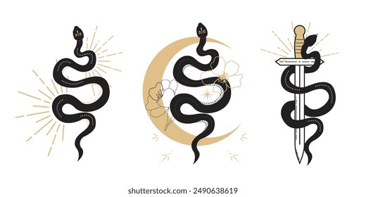 Set celestial serpent snake, esoteric tarot or tattoo mystery sacred symbol. Linocut style boho. Occultism and religion, sacred rites and sacrifice. Reptile