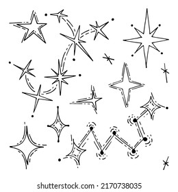 Set of celestial stars line art. Astronomical science of the stars. Shining cosmos constellation. Space universe. Hand drawn vector black and white doodle illustration. simple outline element.