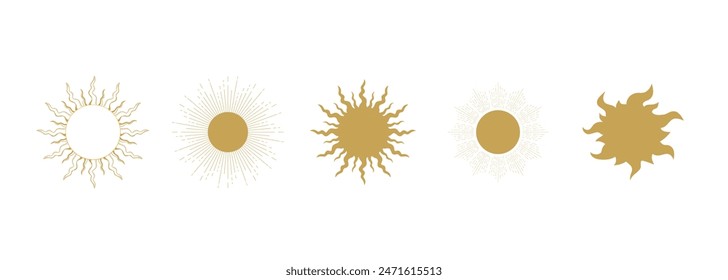 Set of celestial sun symbols. Various shaped suns. Celestial space emblems. Space elements. Vector illustration