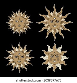 Set of celestial suns with face and opened eyes, stylized drawing, tarot card. Mystical elements for design, logo, tattoo. Vector bohemian collection of golden color illustration isolated on black