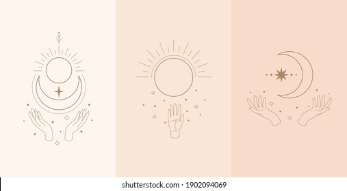 Set of celestial talisman with woman hands. Vector illustration in boho style