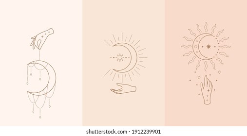 Set of celestial talisman with woman hands. Vector illustration in boho style