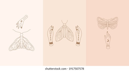 Set of celestial talisman with woman hands and moth. Vector illustration in boho style