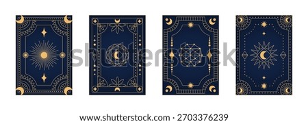 Set of celestial tarot or oracle card backs with gold esoteric symbols sun, moon, stars and geometric art deco frames on indigo background. Editable vector illustration.