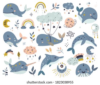 Set of celestial whales, dolphins and narwhal. Isolated element for stickers, cards, invites and posters