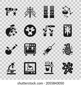 Set Cell, Bacteria, Experimental animal, Medical rubber gloves, Biohazard symbol, Biological structure, Transfer liquid gun and Pipette and plant icon. Vector