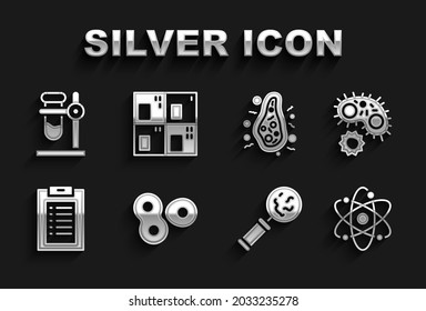 Set Cell division, Virus, Atom, Microorganisms under magnifier, Clinical record, Bacteria, Test tube flask stand and Periodic table icon. Vector