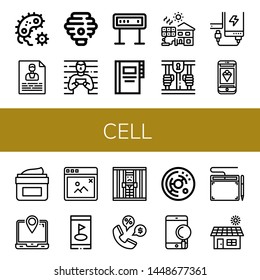 Set of cell icons such as Bacteria, Contact, Hive, Prisoner, Panel, Contacts, Solar cell, Prison, Power bank, Phone, Moisturizing, Laptop, Pop up, Smartphone, Jail, Cell ,