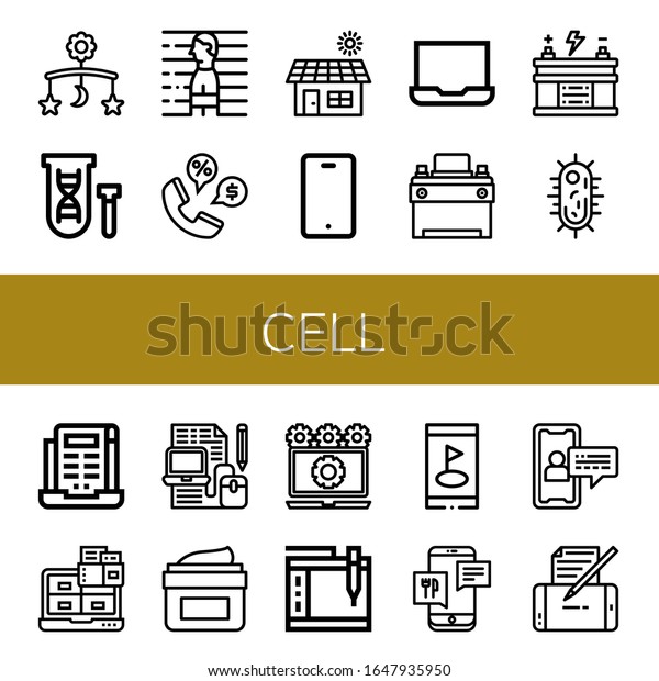 Set of cell icons. Such as\
Mobile, Genetical, Prisoner, Phone, Solar, Smartphone, Laptop, Car\
battery, Battery, Virus, Moisturizing, Graphic tablet , cell\
icons
