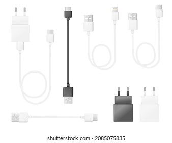 Conjunto de enchufes de carga usb de teléfono celular diferentes tipos de estándares usb ilustración vectorial en blanco