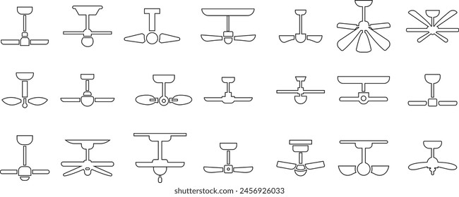 Conjunto de iconos de ventilador de techo estilos de línea de stock editable. Señales de los Vectores del ventilador. Iconos de abanico de Clipart avatar símbolos de logotipo para enfriar la habitación y hacer circular el aire aislado sobre fondo transparente.