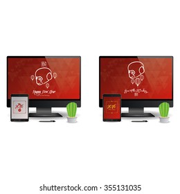 Set of cellphone and computer screens with chinese new year screensavers