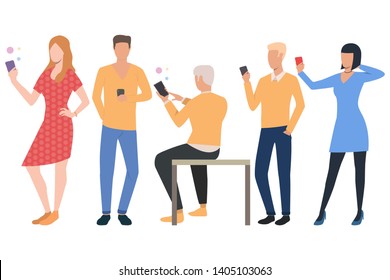 Set of cellphone users. Men and women using smartphones. Communication concept. Vector illustration can be used for topics like wireless connection or online chat