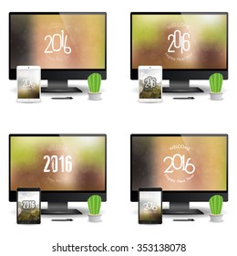 Set of cellphones and computer screens with new year screensavers