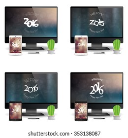 Set of cellphones and computer screens with new year screensavers