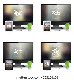 Set of cellphones and computer screens with new year screensavers