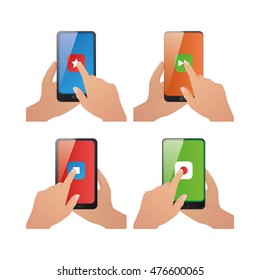 Set of cellphones with different app icons, Vector illustration