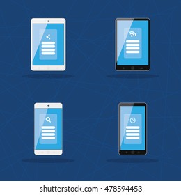 Set of cellphones with different app icons, Vector illustration