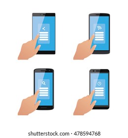 Set of cellphones with different app icons, Vector illustration
