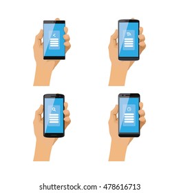 Conjunto de teléfonos celulares con diferentes iconos de App, Ilustración vectorial