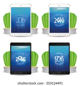 Set of cellphones with different screensavers with text for new year celebrations