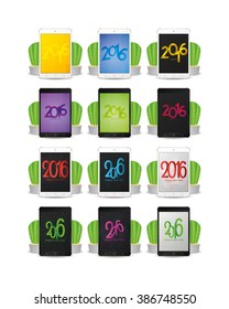 Set of cellphones with different screensavers with text for new year celebrations