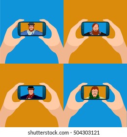 Set of cellphones with different selfies, Vector illustration