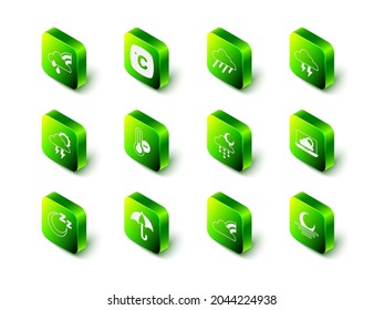 Set Celsius, Cloud with rain, Storm, Weather forecast, Sunset, and moon, Rainbow clouds and Umbrella icon. Vector