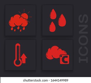 Set Celsius and cloud, Cloud with rain and sun, Water drop and Thermometer icon. Vector