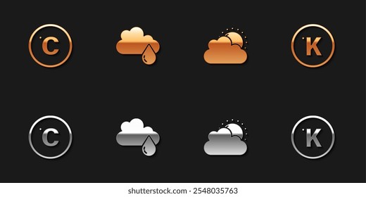 Definir Celsius, Nuvem com chuva, Sol e tempo de nuvem e ícone Kelvin. Vetor