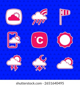 Set Celsius, Cloud with snow and sun, Sun cloud weather, Storm, Weather forecast, Cone windsock wind vane and  icon. Vector