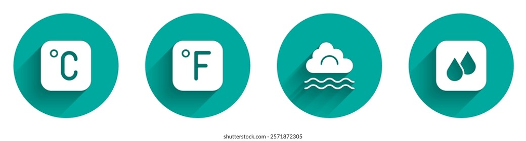 Set Celsius, Fahrenheit, Fog and cloud and Water drop icon with long shadow. Vector