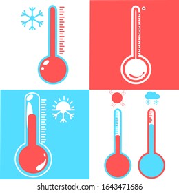 Set of Celsius and fahrenheit meteorology thermometers measuring heat and cold, vector illustration. Thermometer equipment showing hot or cold weather. Set of medicine thermometers in flat style. 