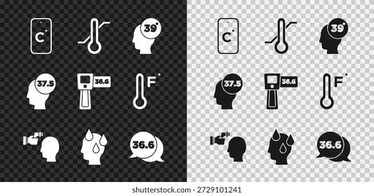 Set Celsius, Meteorology thermometer, High human body temperature, Checking, Medical, and Digital icon. Vector