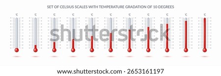 Set of Celsius scales displaying temperature levels, from -50 to +50 degrees, in increments of 10. Each thermometer is filled with a red liquid, visually representing a progressive increase in heat.