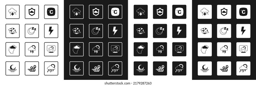 Set Celsius, Time to sleep, Earth planet with clouds, Cloud snow, Lightning bolt, Weather forecast, Location and Man having headache icon. Vector