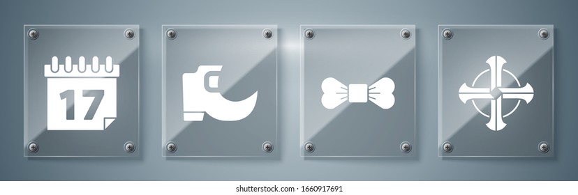 Set Celtic cross, Bow tie, Tradition leprechaun boots and Saint Patrick's day with calendar. Square glass panels. Vector